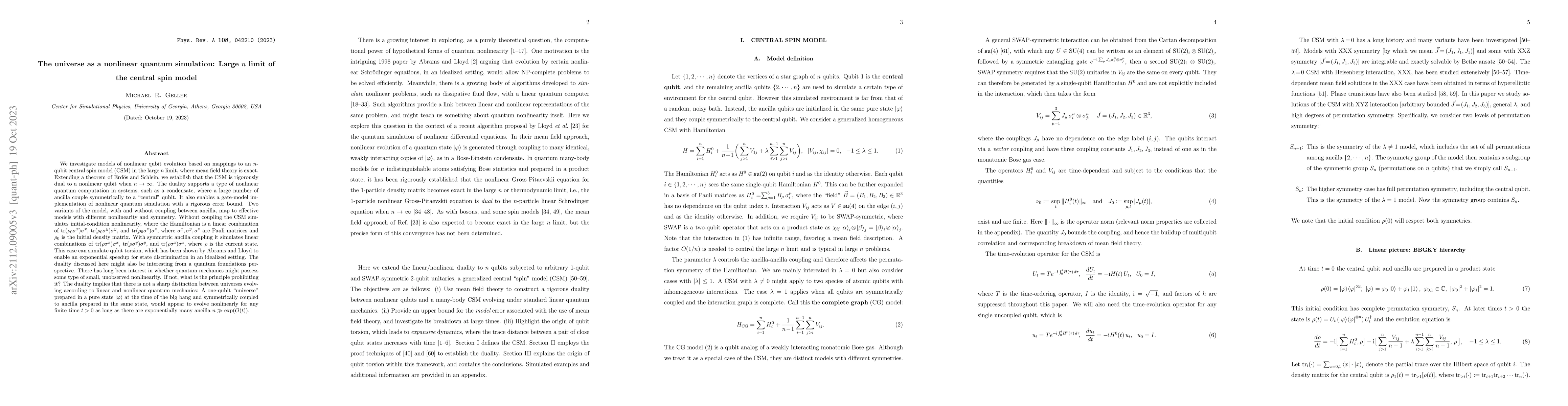 Thumbnail for The universe as a nonlinear quantum simulation: Large $n$ limit of the
  central spin model