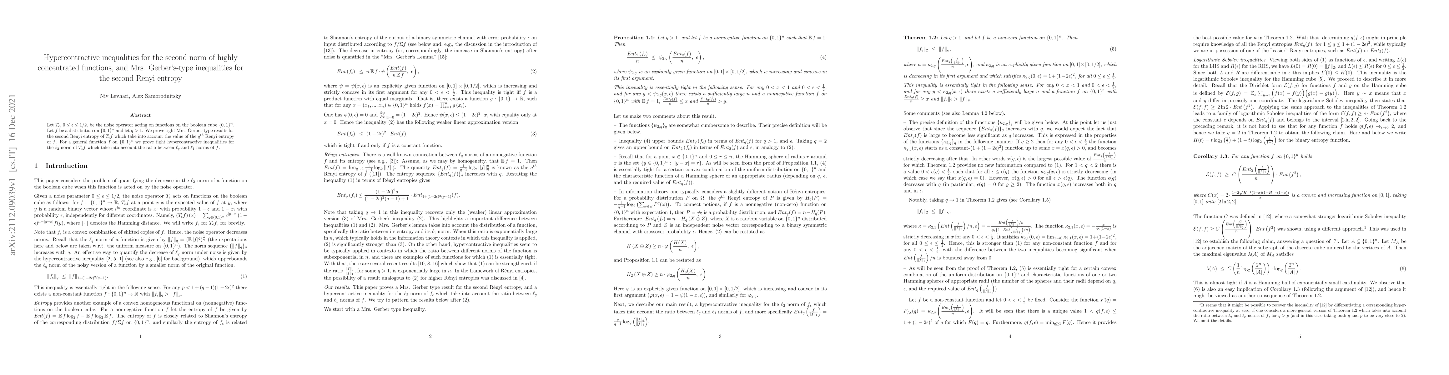 Thumbnail for Hypercontractive inequalities for the second norm of highly concentrated
  functions, and Mrs. Gerber's-type inequalities for the second Renyi entropy