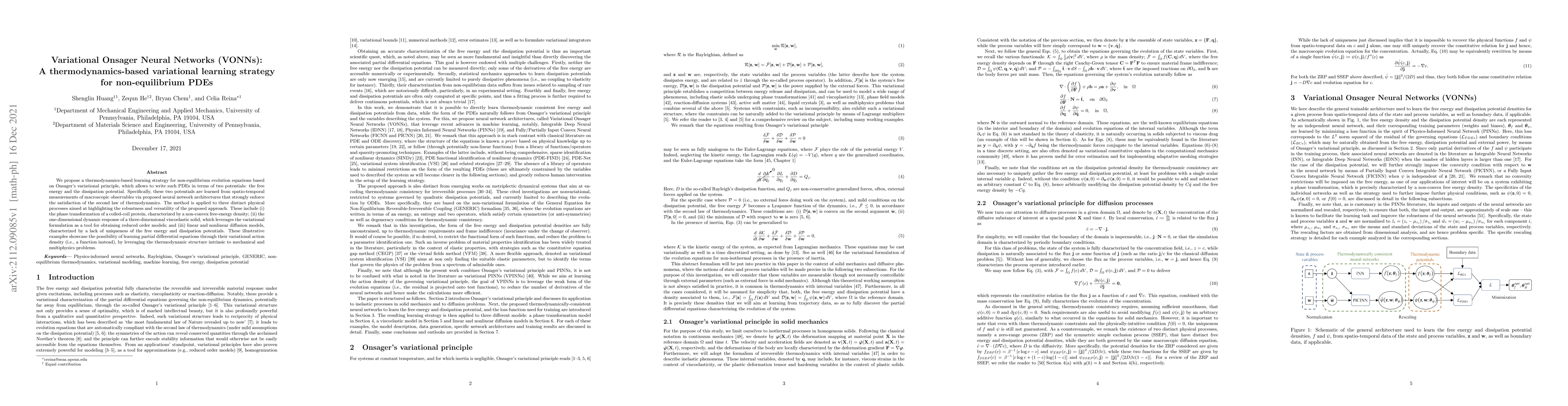 Thumbnail for Variational Onsager Neural Networks (VONNs): A thermodynamics-based
  variational learning strategy for non-equilibrium PDEs
