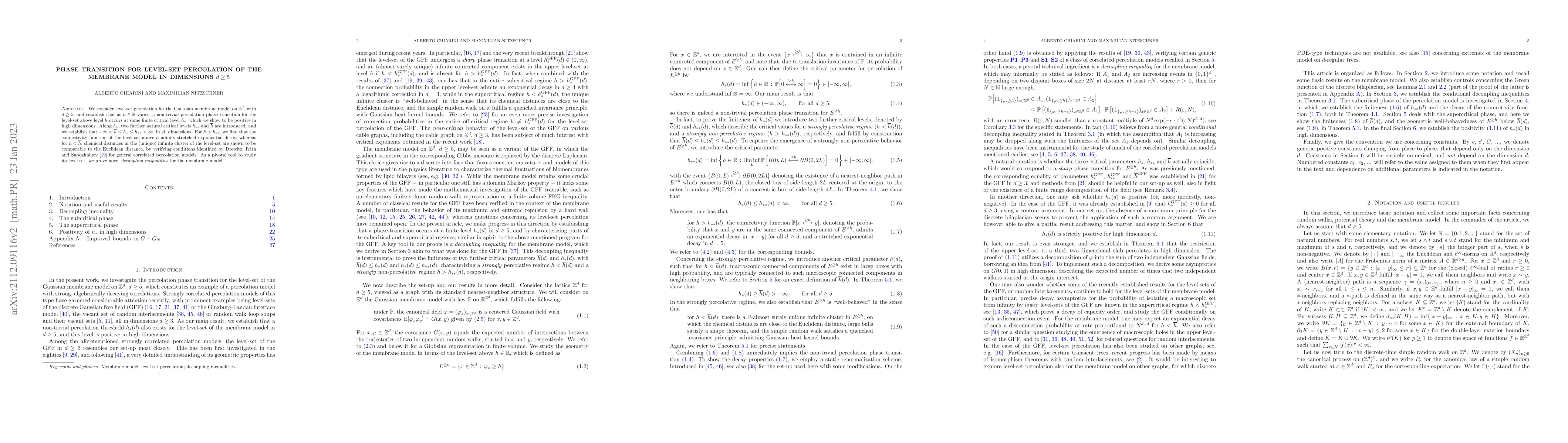 Thumbnail for Phase transition for level-set percolation of the membrane model in
  dimensions $d \geq 5$