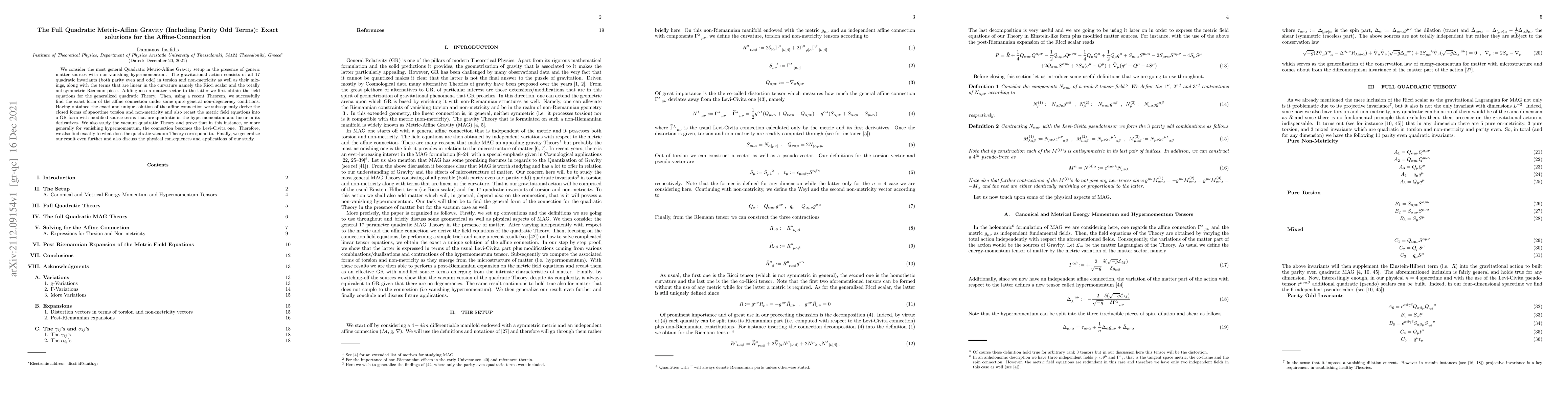 Thumbnail for The Full Quadratic Metric-Affine Gravity (Including Parity Odd Terms):
  Exact solutions for the Affine-Connection