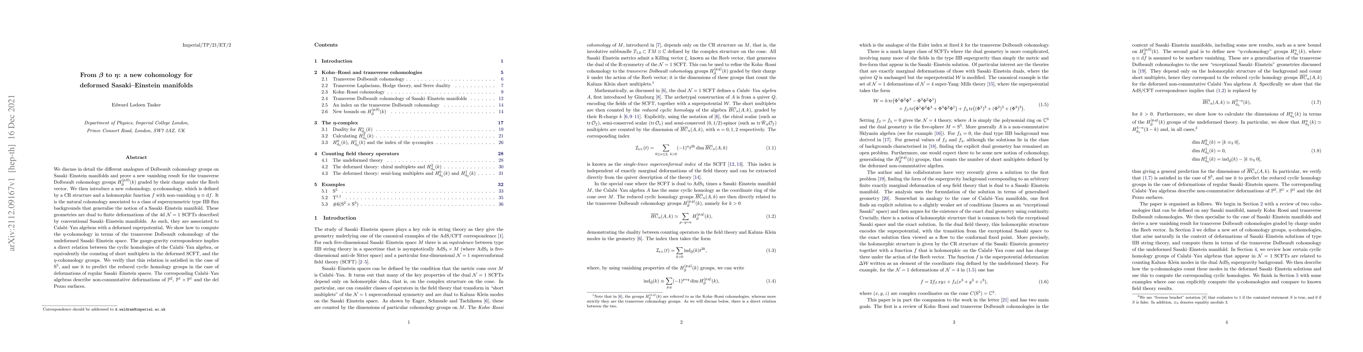 Thumbnail for From $\beta$ to $\eta$: a new cohomology for deformed Sasaki-Einstein
  manifolds