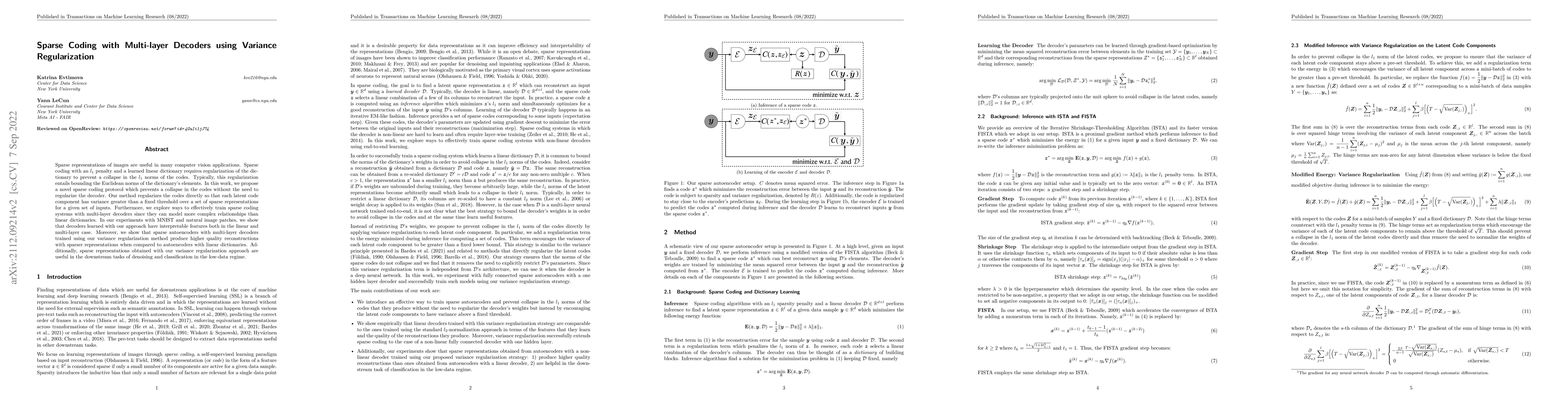 Thumbnail for Sparse Coding with Multi-Layer Decoders using Variance Regularization
