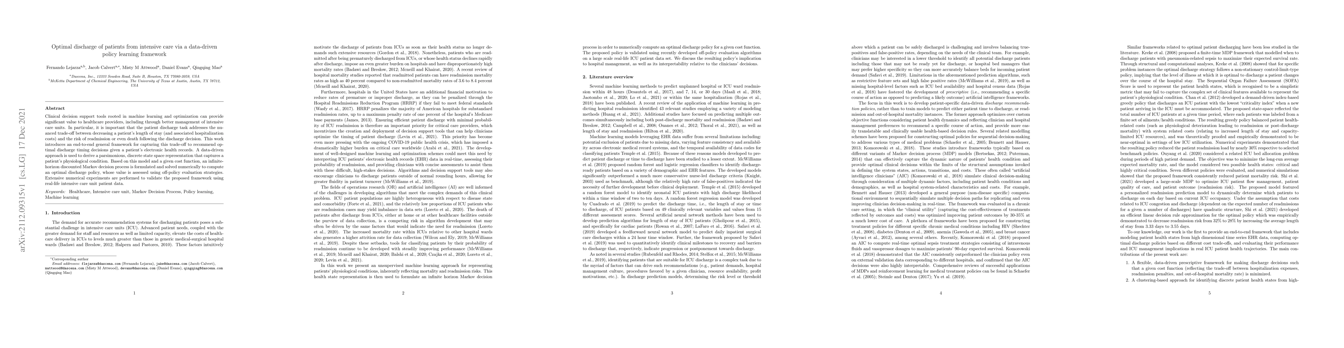 Thumbnail for Optimal discharge of patients from intensive care via a data-driven
  policy learning framework