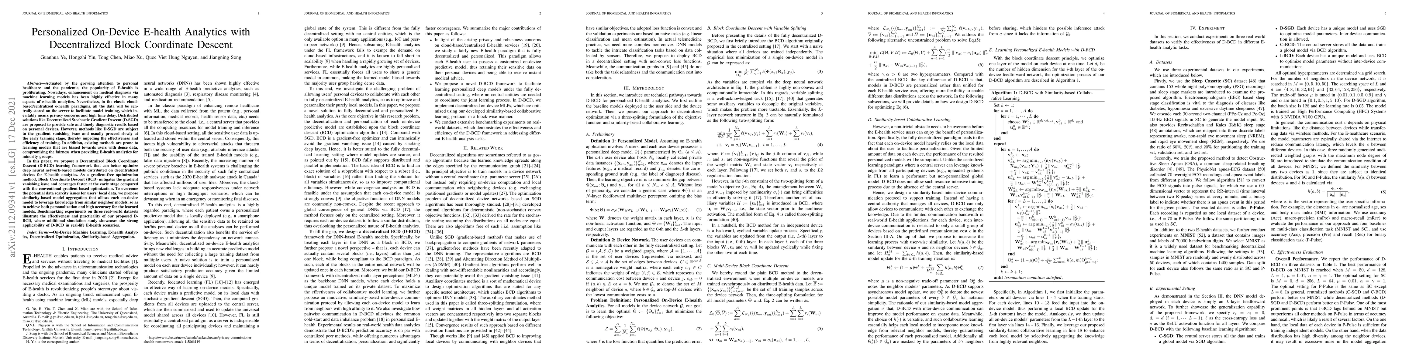 Thumbnail for Personalized On-Device E-health Analytics with Decentralized Block
  Coordinate Descent