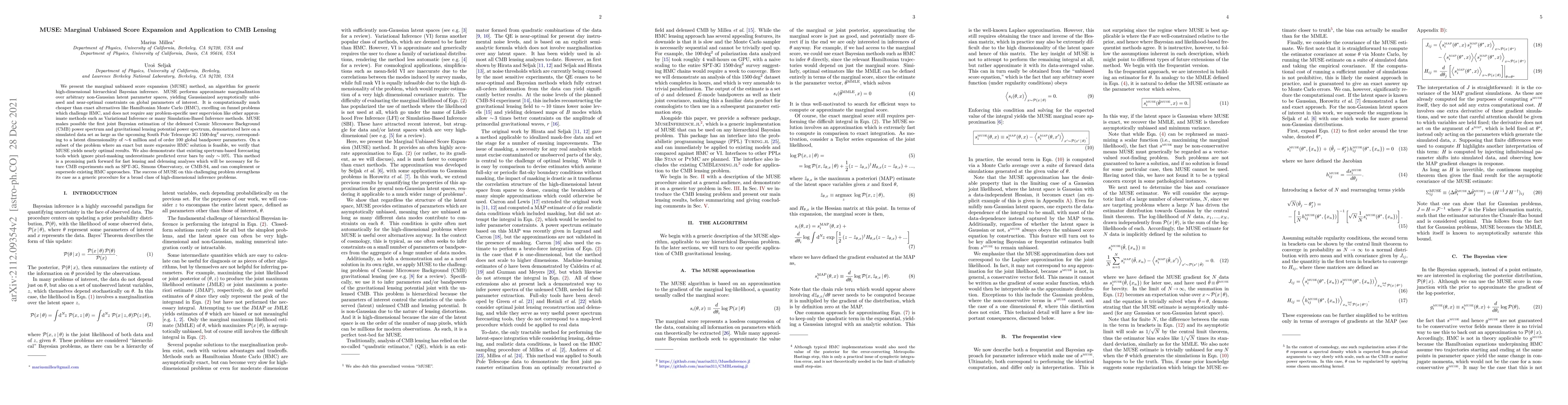 Thumbnail for MUSE: Marginal Unbiased Score Expansion and Application to CMB Lensing
