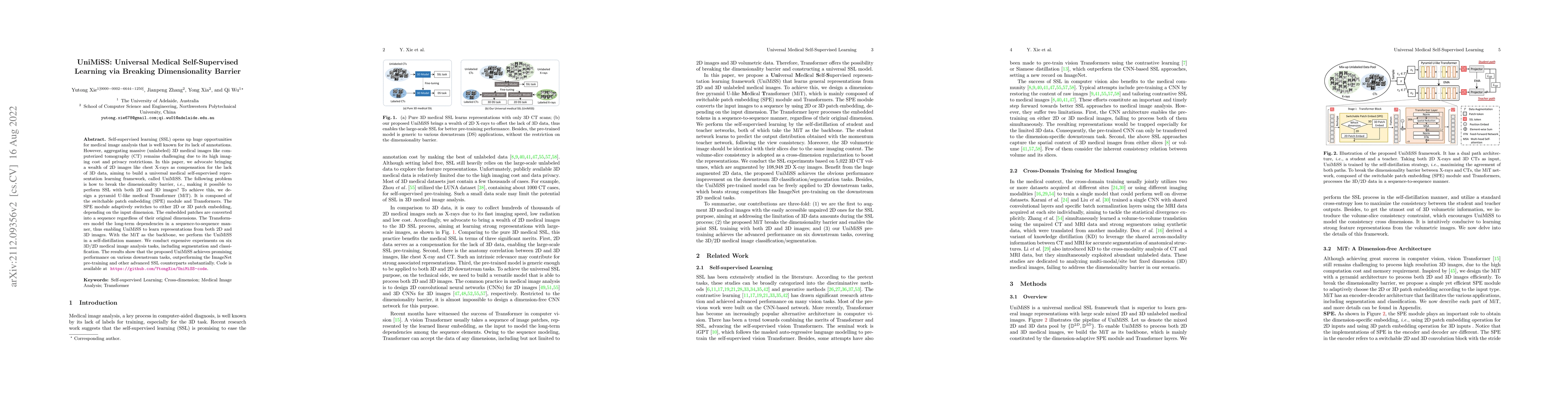 Thumbnail for UniMiSS: Universal Medical Self-Supervised Learning via Breaking
  Dimensionality Barrier