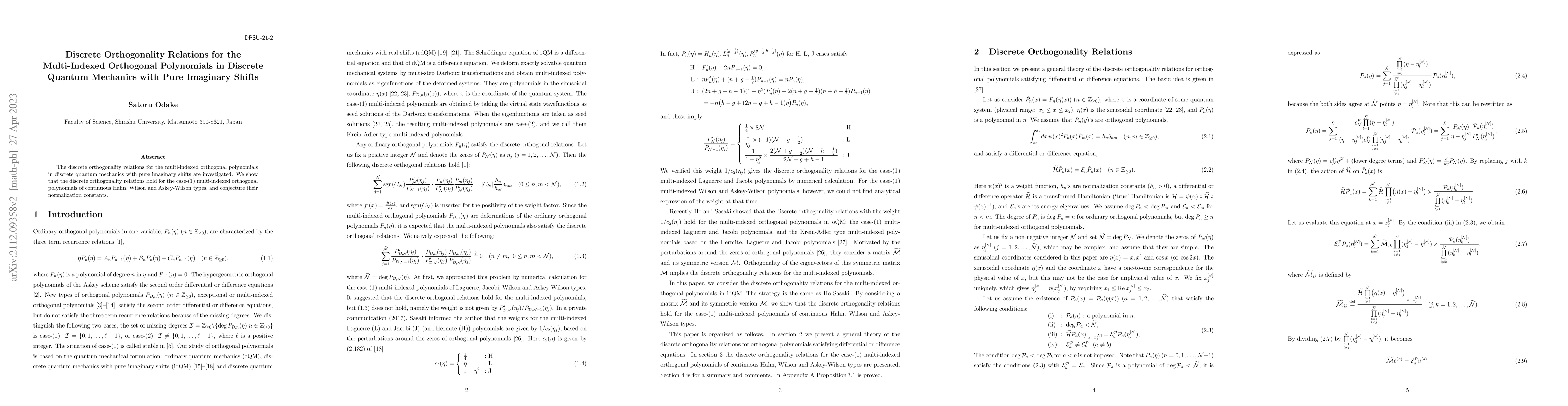 Thumbnail for Discrete Orthogonality Relations for the Multi-Indexed Orthogonal
  Polynomials in Discrete Quantum Mechanics with Pure Imaginary Shifts