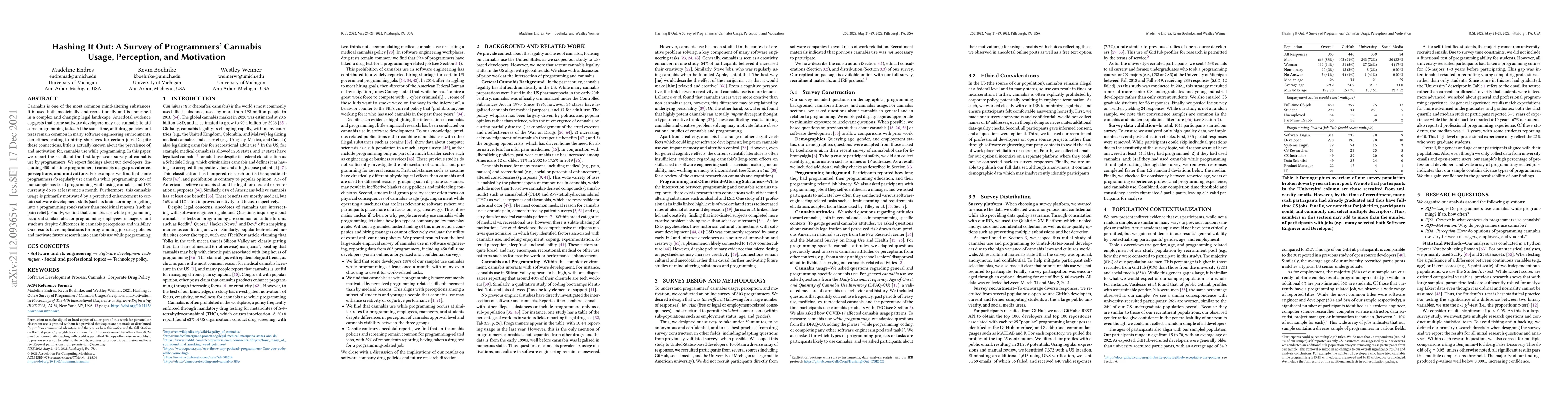Thumbnail for Hashing It Out: A Survey of Programmers' Cannabis Usage, Perception, and
  Motivation