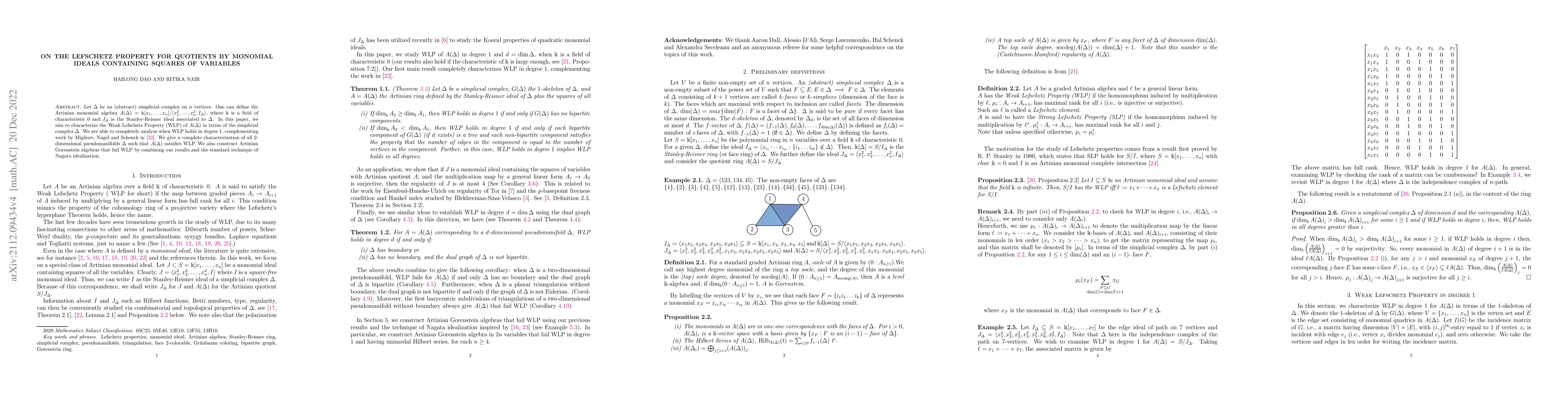 Thumbnail for On the Lefschetz Property for quotients by monomial ideals containing
  squares of variables