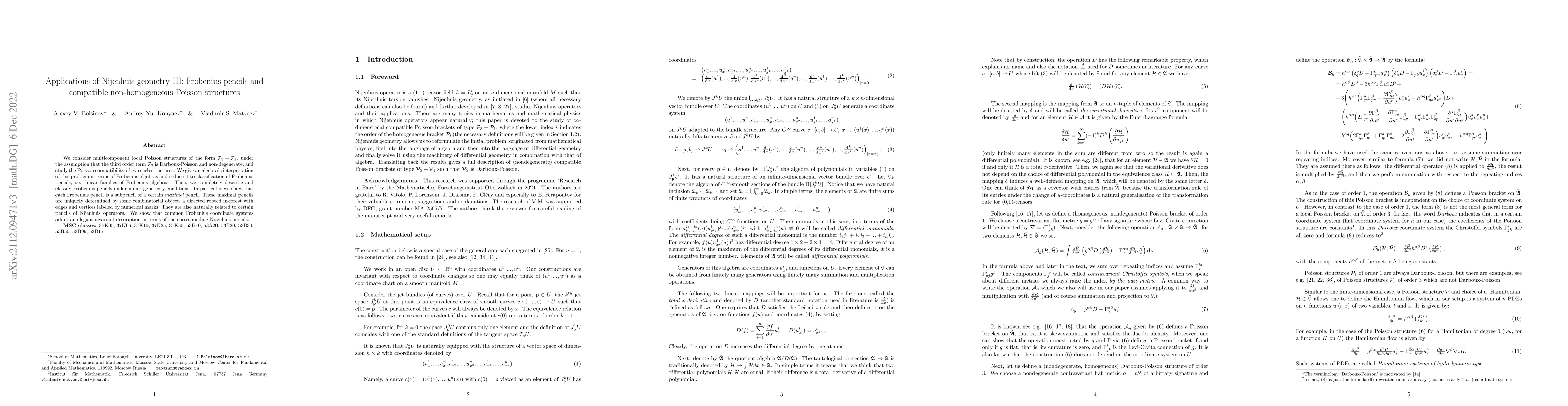 Thumbnail for Applications of Nijenhuis geometry III: Frobenius pencils and compatible
  non-homogeneous Poisson structures