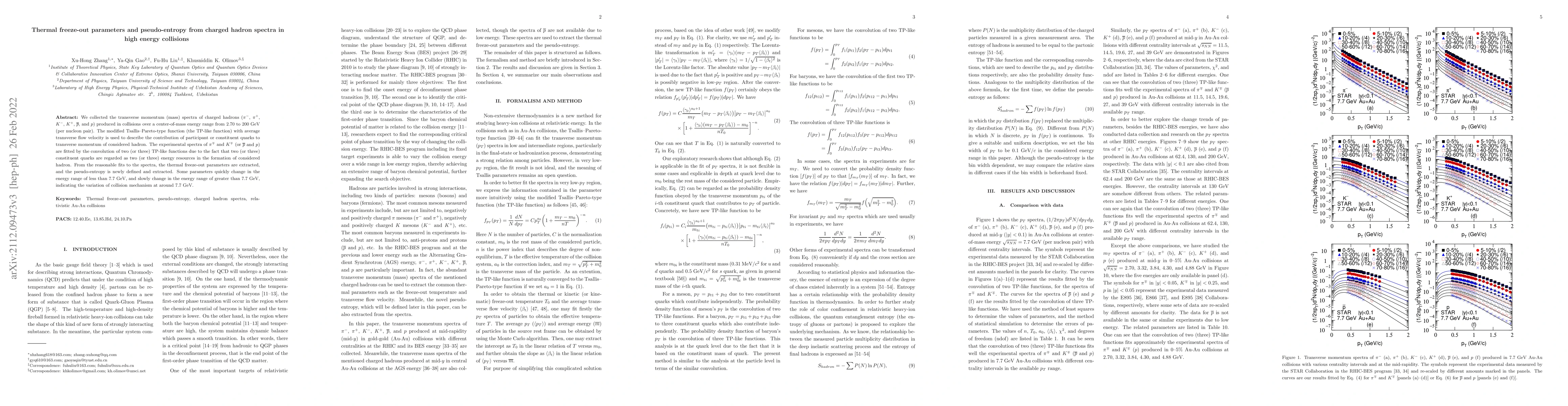Thumbnail for Thermal freeze-out parameters and pseudo-entropy from charged hadron
  spectra in high energy collisions