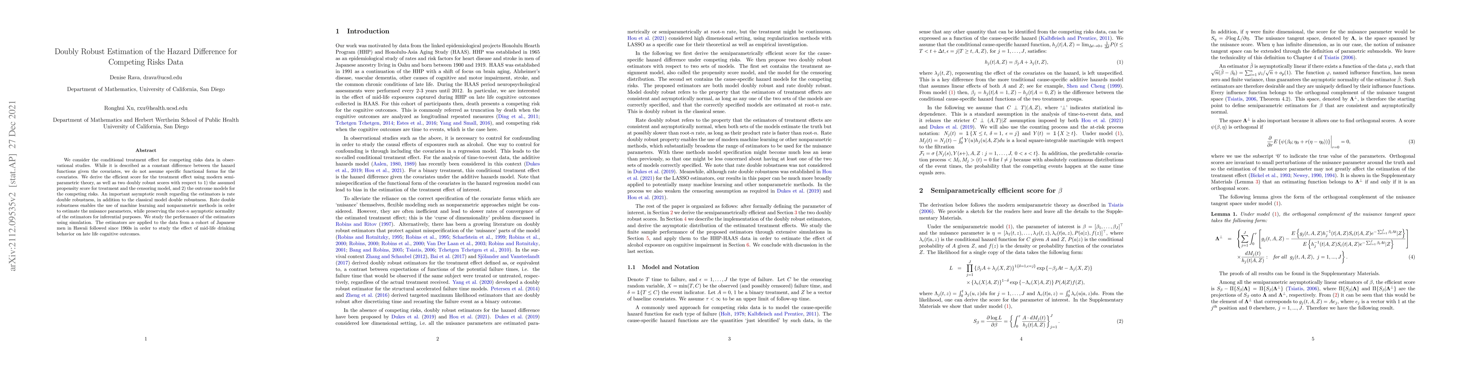 Thumbnail for Doubly Robust Estimation of the Hazard Difference for Competing Risks
  Data