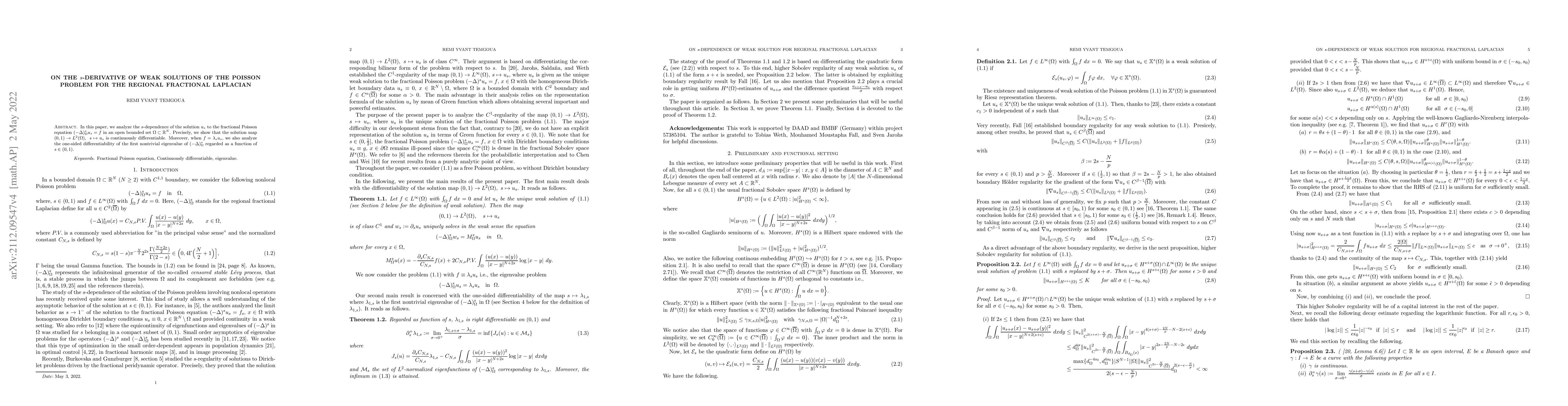 Thumbnail for On the s-derivative of weak solutions of the Poisson problem for the
  regional fractional Laplacian
