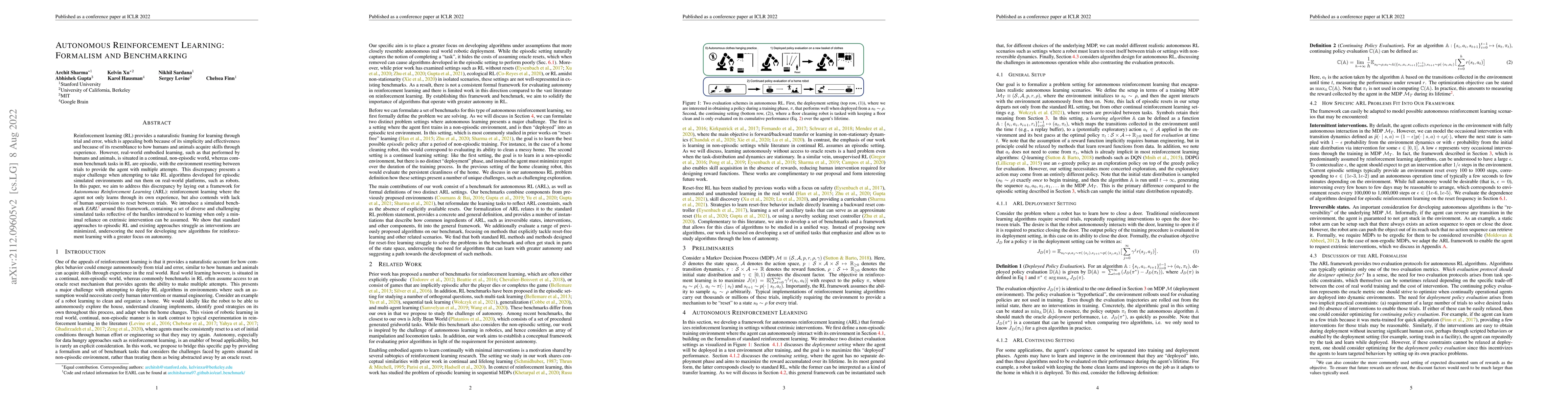 Thumbnail for Autonomous Reinforcement Learning: Formalism and Benchmarking