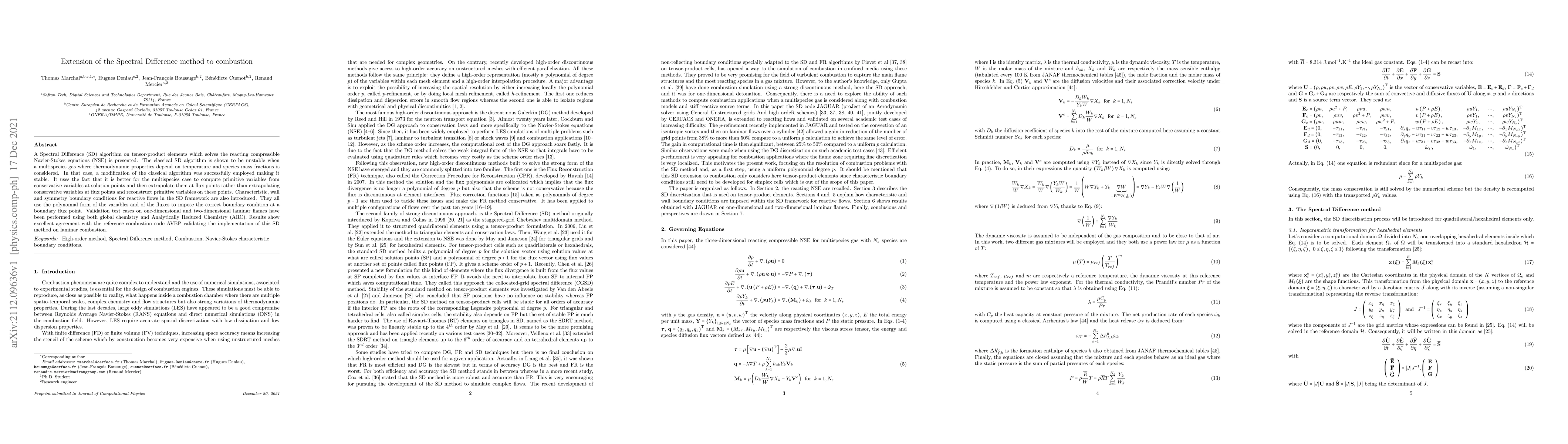 Thumbnail for Extension of the Spectral Difference method to combustion