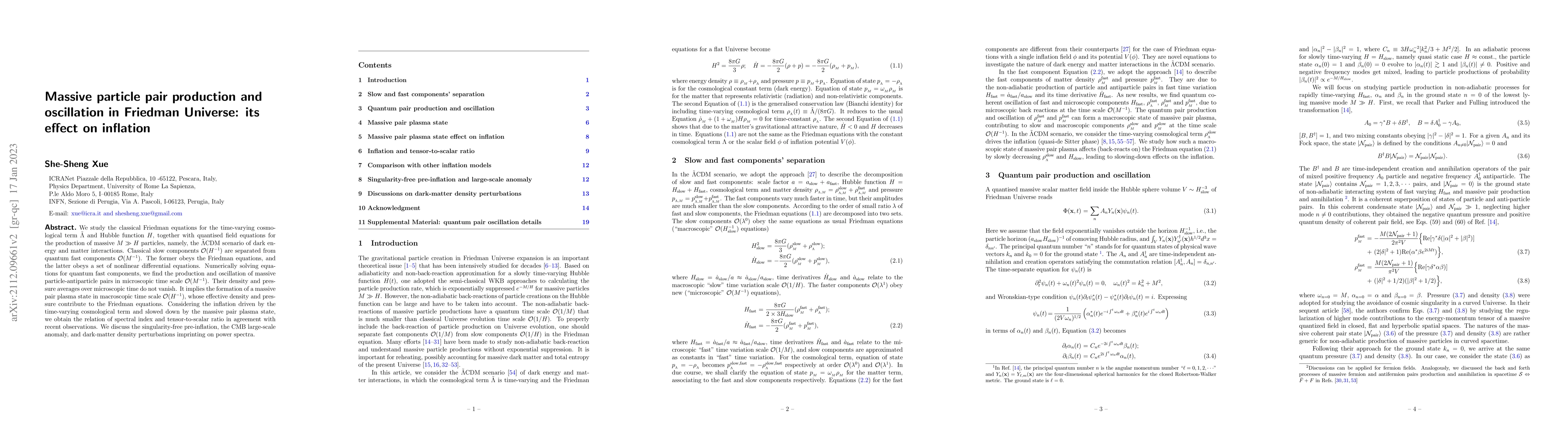 Thumbnail for Massive particle pair production and oscillation in Friedman Universe:
  its effect on inflation