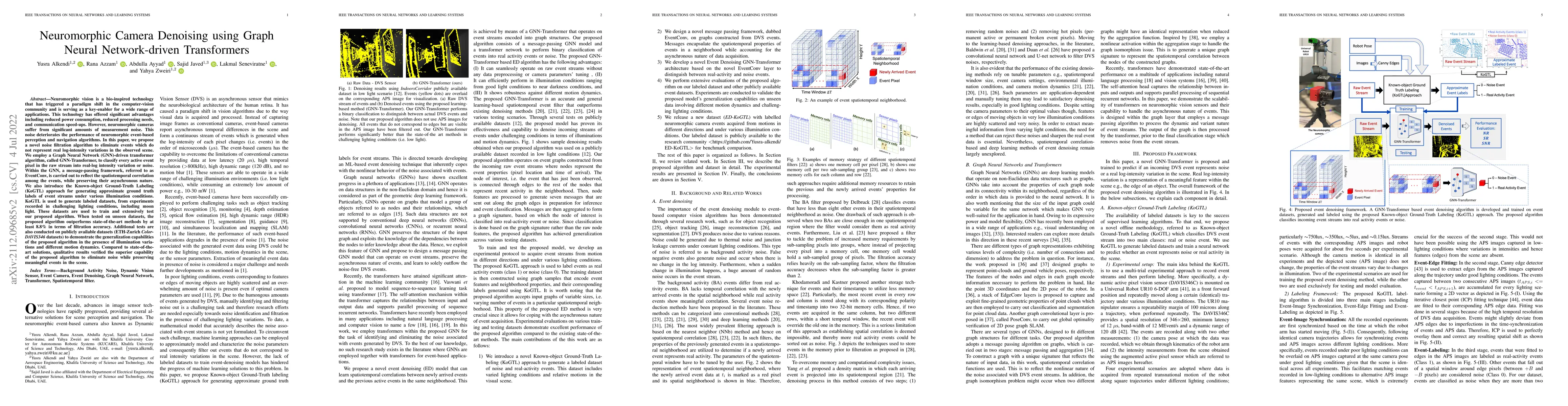 Thumbnail for Neuromorphic Camera Denoising using Graph Neural Network-driven
  Transformers
