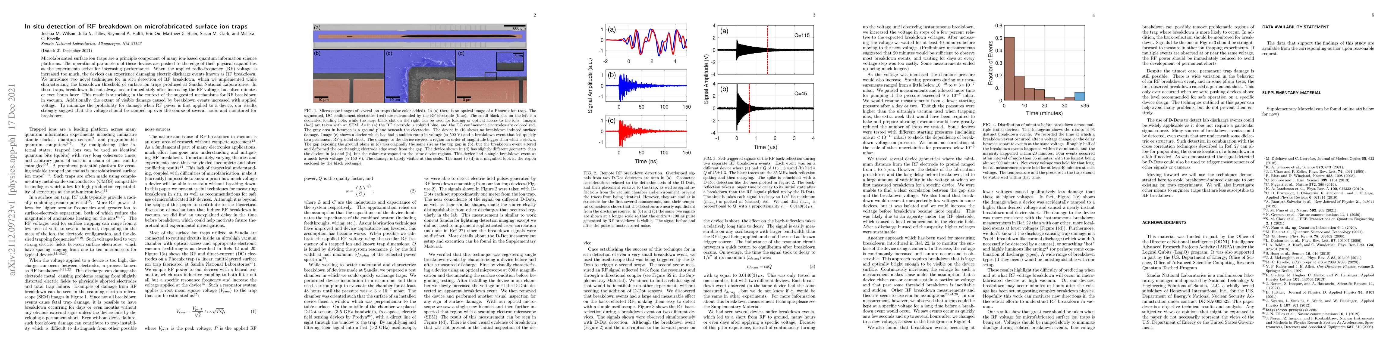Thumbnail for In situ detection of RF breakdown on microfabricated surface ion traps