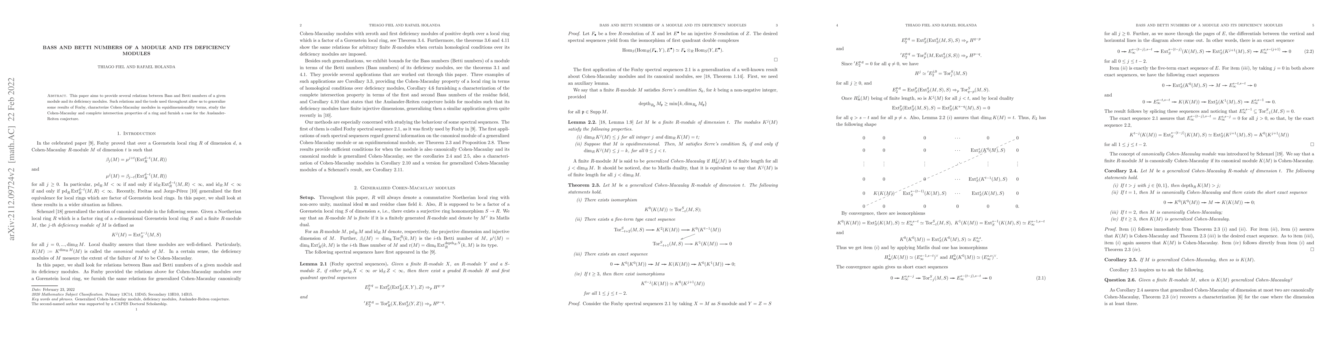Thumbnail for Bass and Betti numbers of a module and its deficiency modules