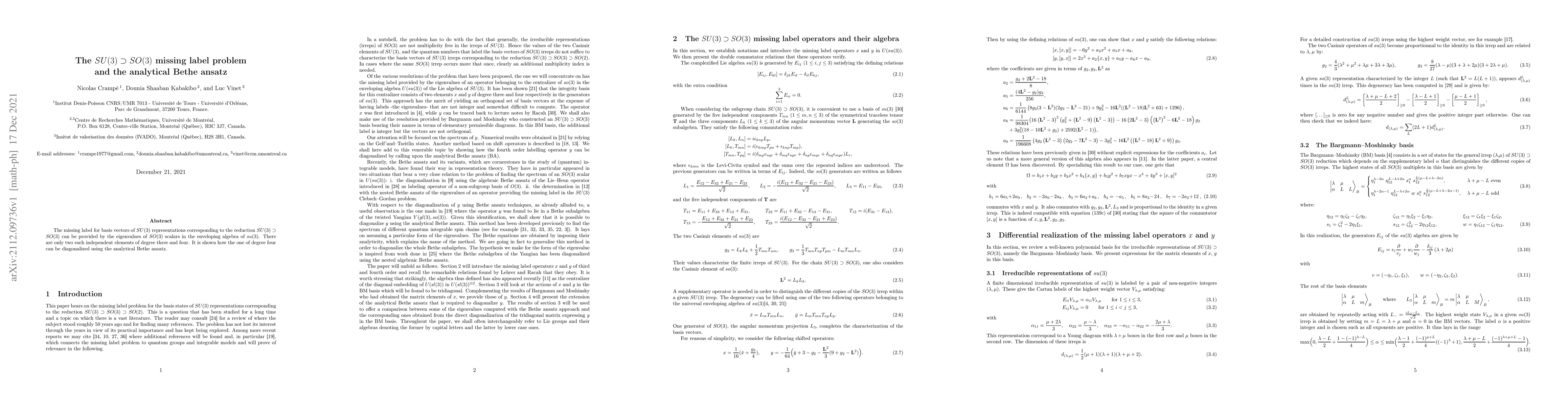 Thumbnail for The $SU(3)\supset SO(3)$ missing label problem and the analytical Bethe
  ansatz
