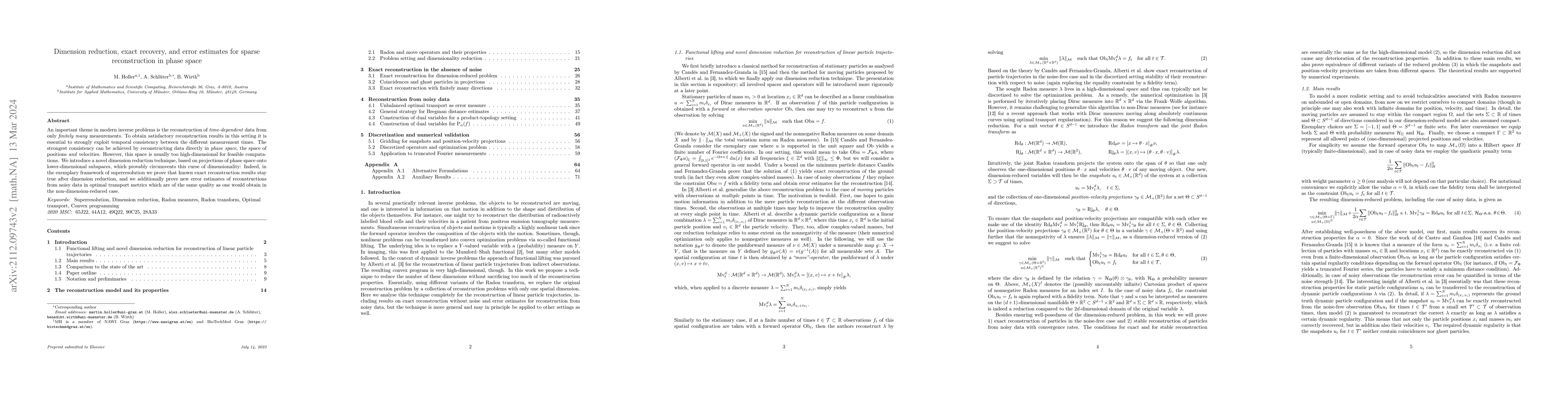 Thumbnail for Dimension reduction, exact recovery, and error estimates for sparse
  reconstruction in phase space