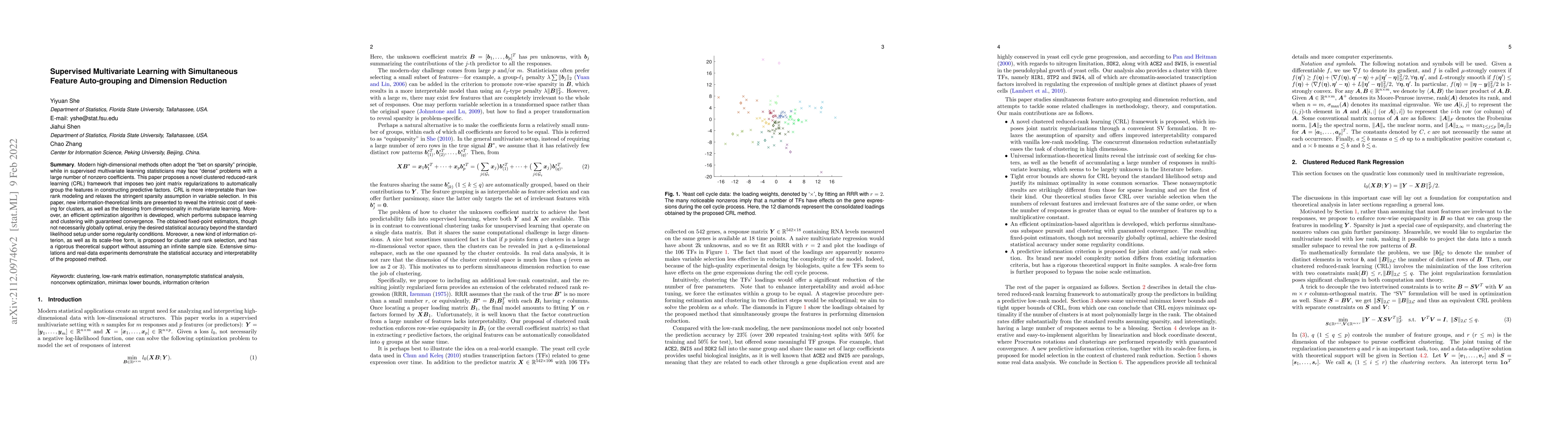 Thumbnail for Supervised Multivariate Learning with Simultaneous Feature Auto-grouping
  and Dimension Reduction