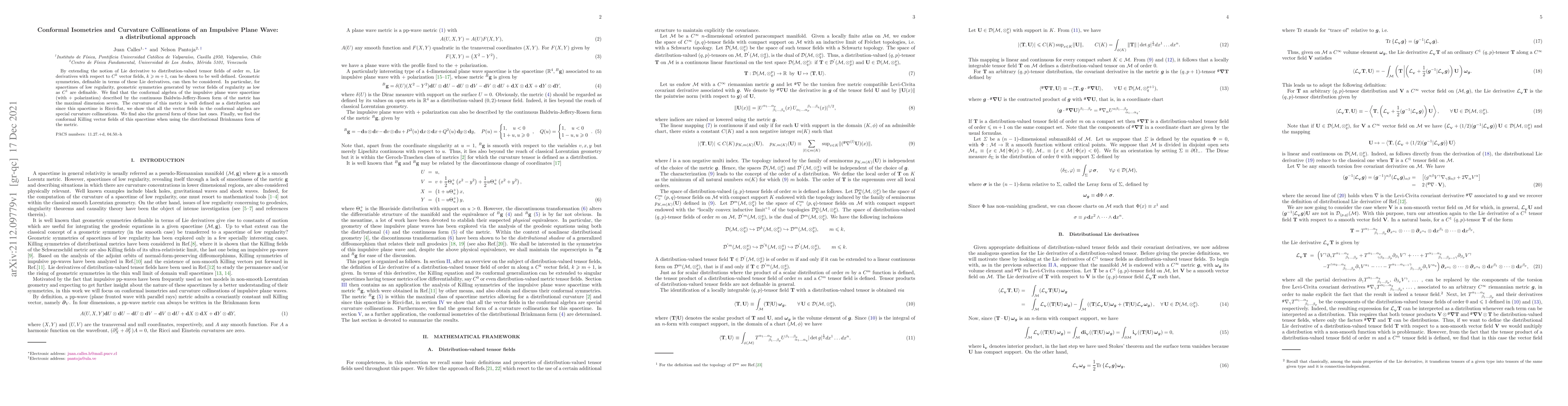 Thumbnail for Conformal Isometries and Curvature Collineations of an Impulsive Plane
  Wave: a distributional approach