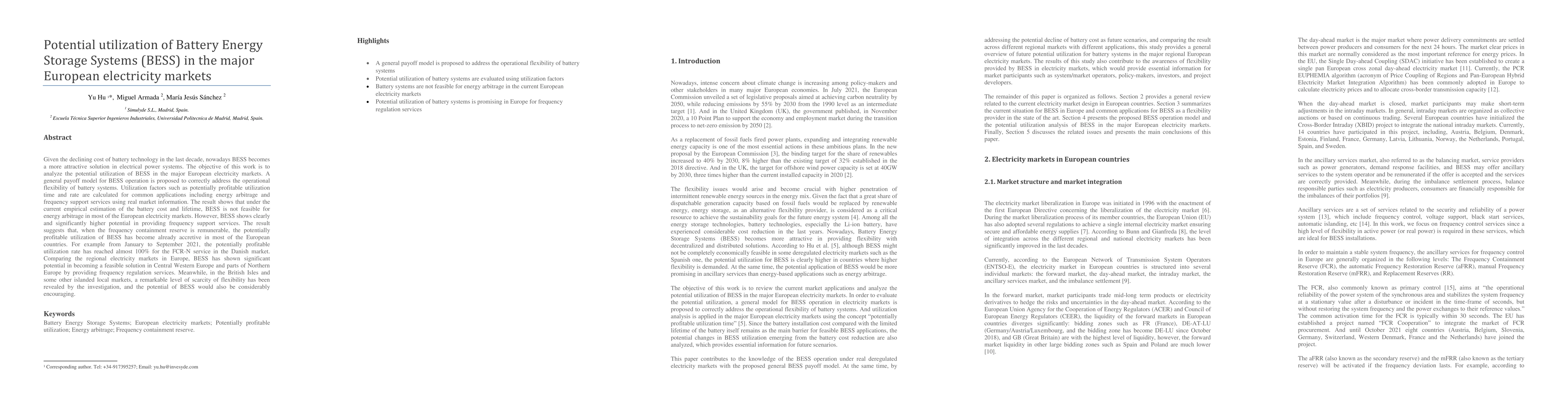 Thumbnail for Potential utilization of Battery Energy Storage Systems (BESS) in the
  major European electricity markets