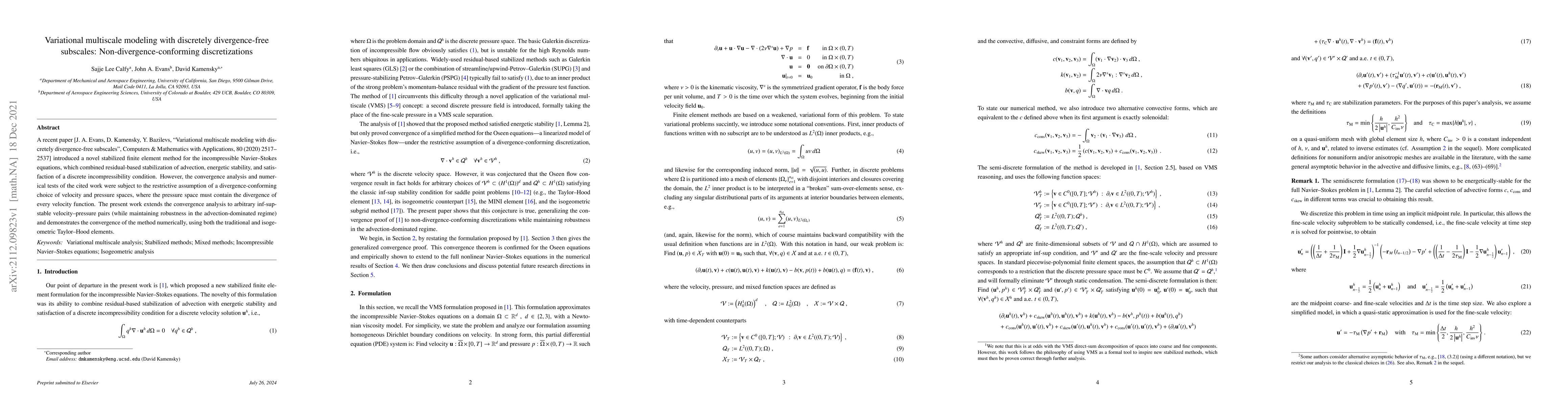 Thumbnail for Variational multiscale modeling with discretely divergence-free
  subscales: Non-divergence-conforming discretizations