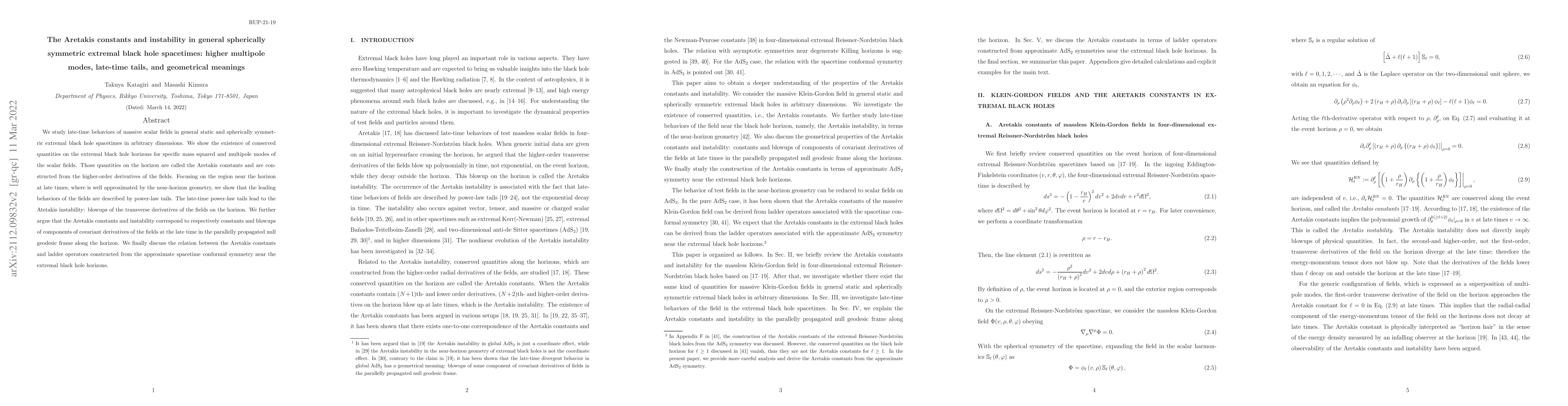 Thumbnail for The Aretakis constants and instability in general spherically symmetric
  extremal black hole spacetimes: higher multipole modes, late-time tails, and
  geometrical meanings