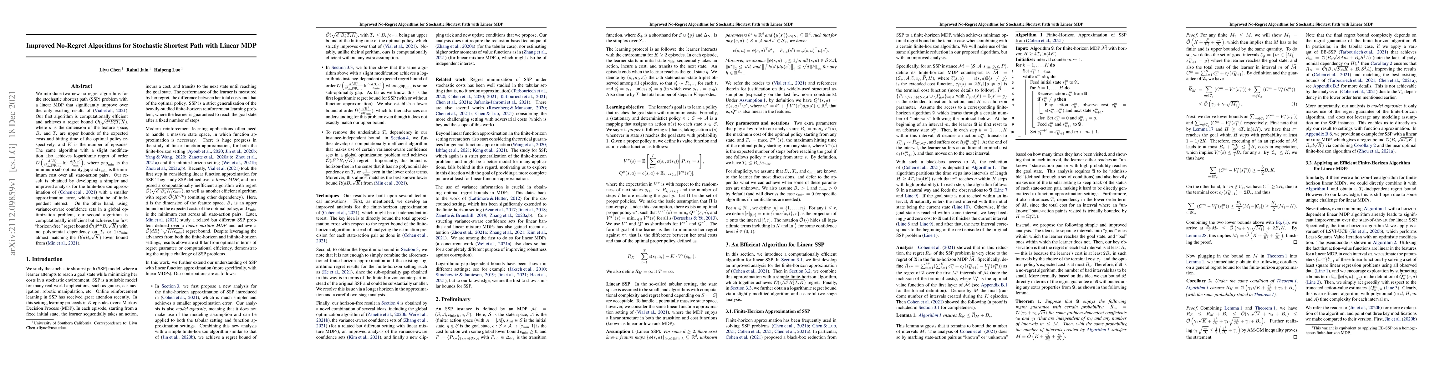 Thumbnail for Improved No-Regret Algorithms for Stochastic Shortest Path with Linear
  MDP