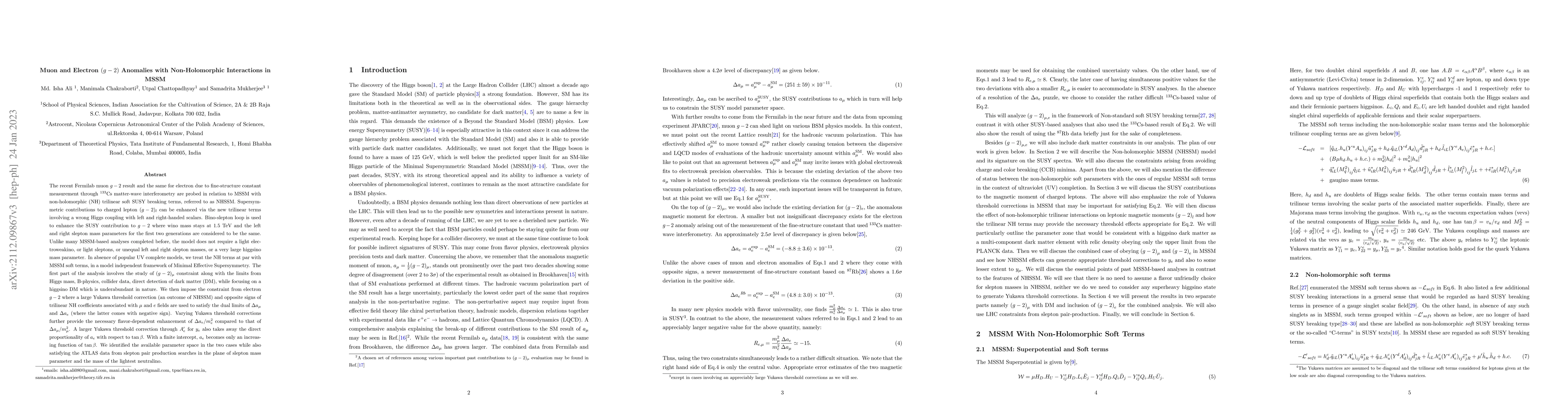 Thumbnail for Muon and Electron $(g-2)$ Anomalies with Non-Holomorphic Interactions in
  MSSM