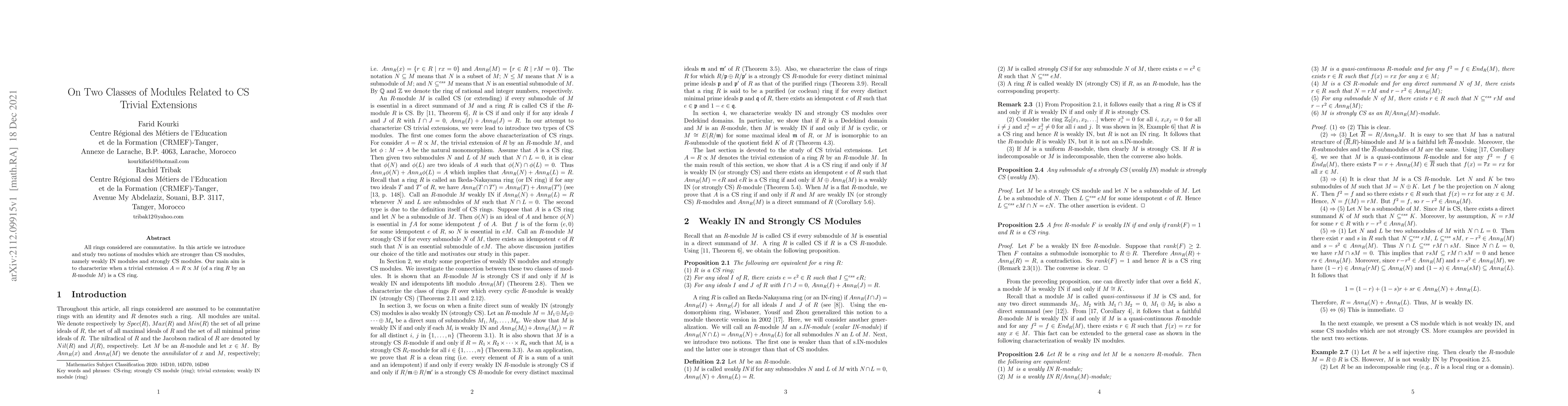 Thumbnail for On Two Classes of Modules Related to CS Trivial Extensions