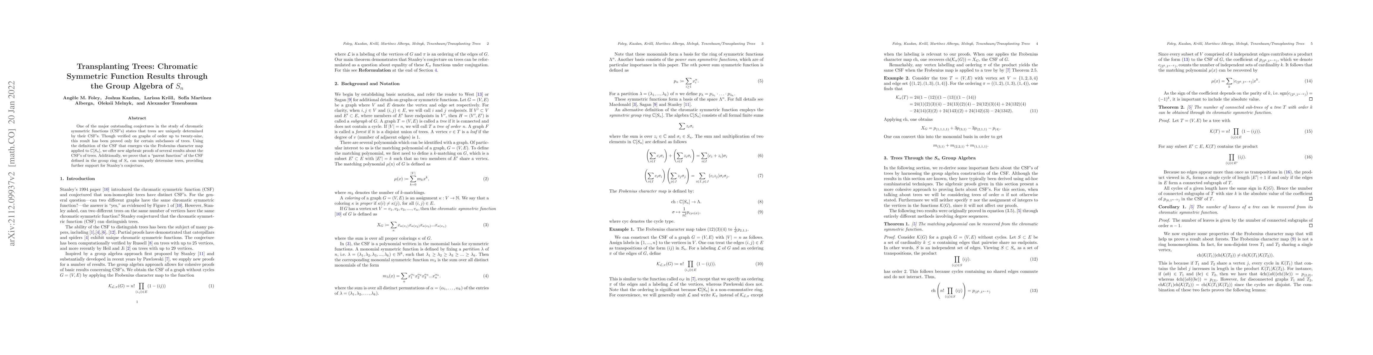 Thumbnail for Transplanting Trees: Chromatic Symmetric Function Results through the
  Group Algebra of $S_n$