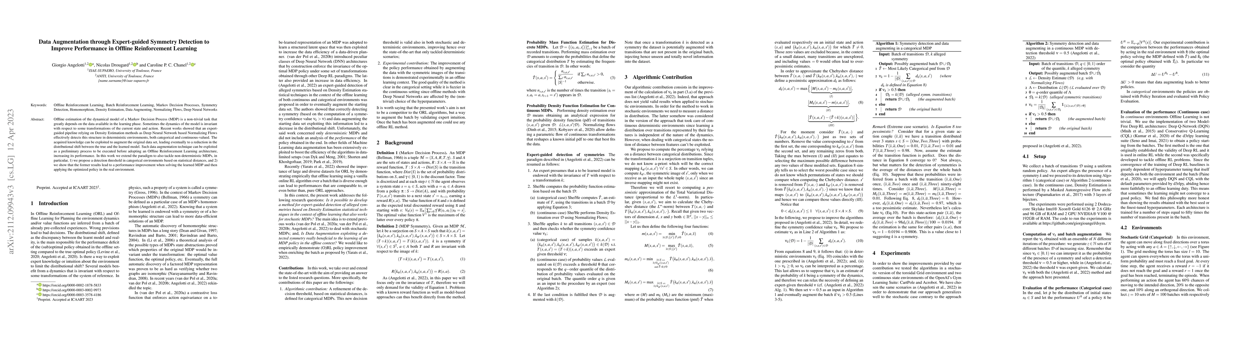 Thumbnail for Data Augmentation through Expert-guided Symmetry Detection to Improve
  Performance in Offline Reinforcement Learning