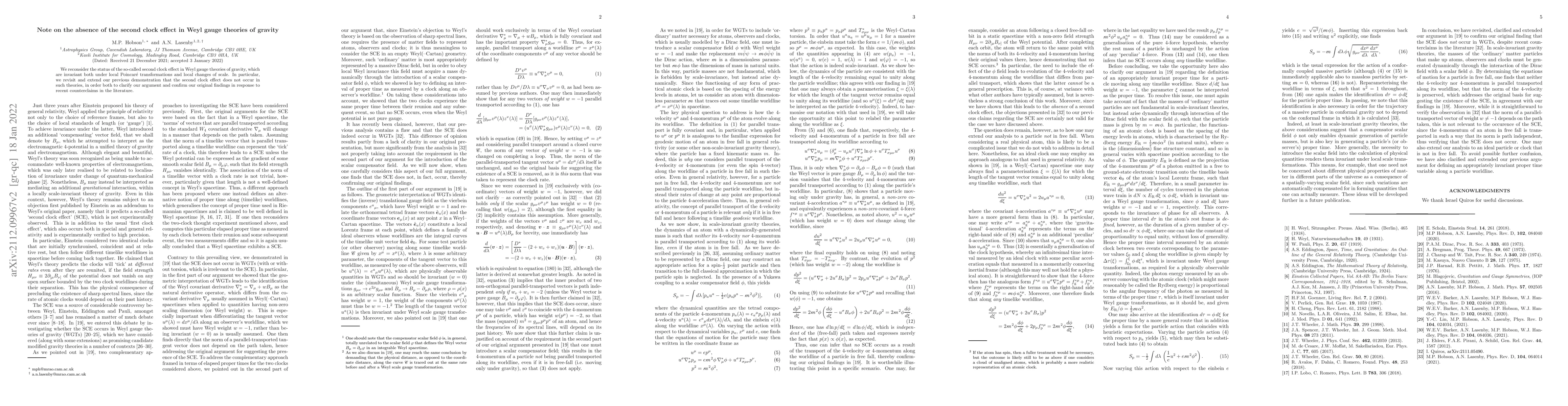 Thumbnail for Note on the absence of the second clock effect in Weyl gauge theories of
  gravity