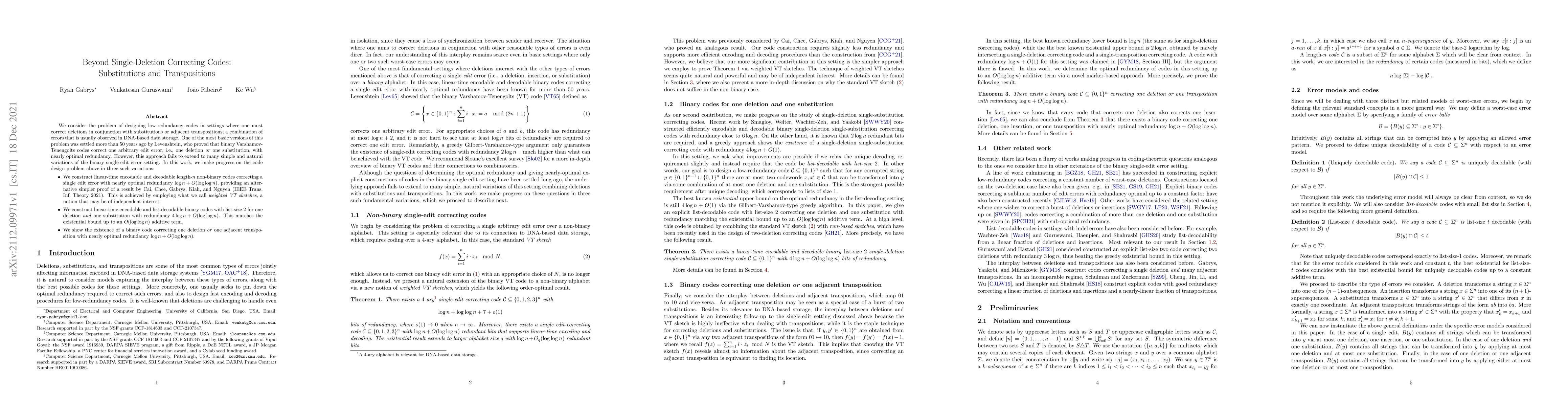 Thumbnail for Beyond Single-Deletion Correcting Codes: Substitutions and
  Transpositions