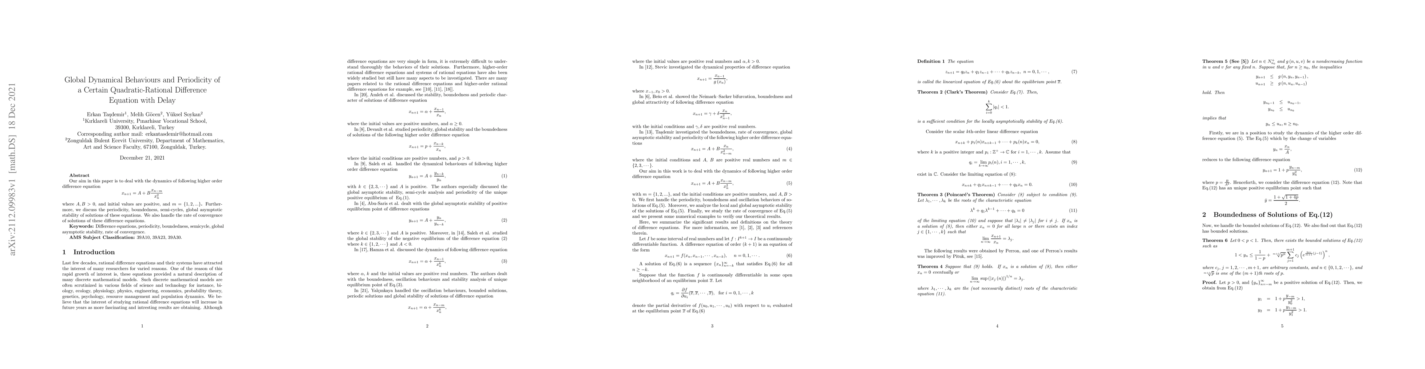 Thumbnail for Global Dynamical Behaviours and Periodicity of a Certain
  Quadratic-Rational Difference Equation with Delay
