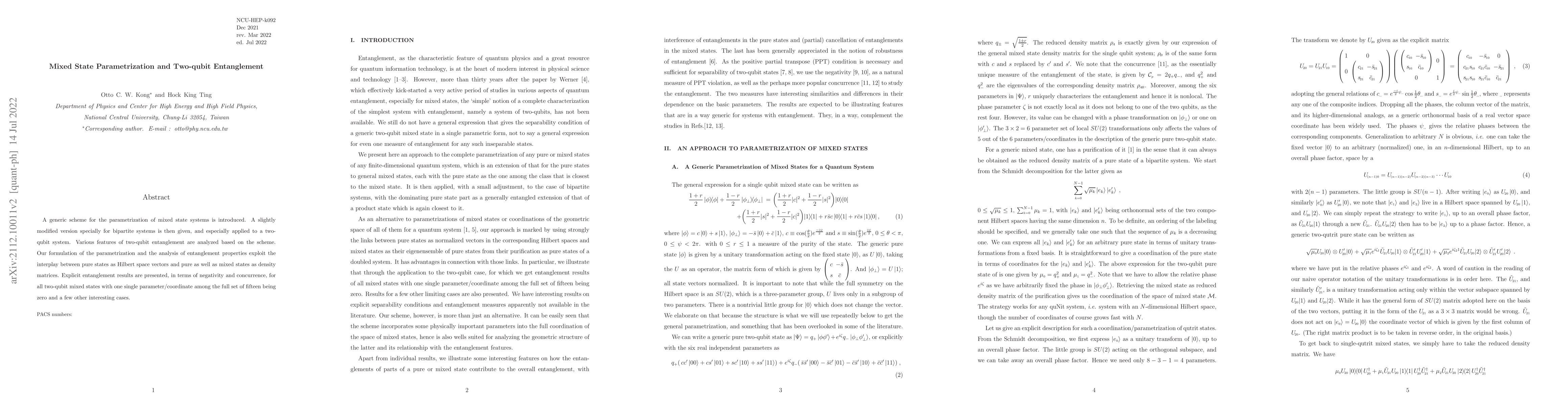 Thumbnail for Mixed State Parametrization and Two-qubit Entanglement