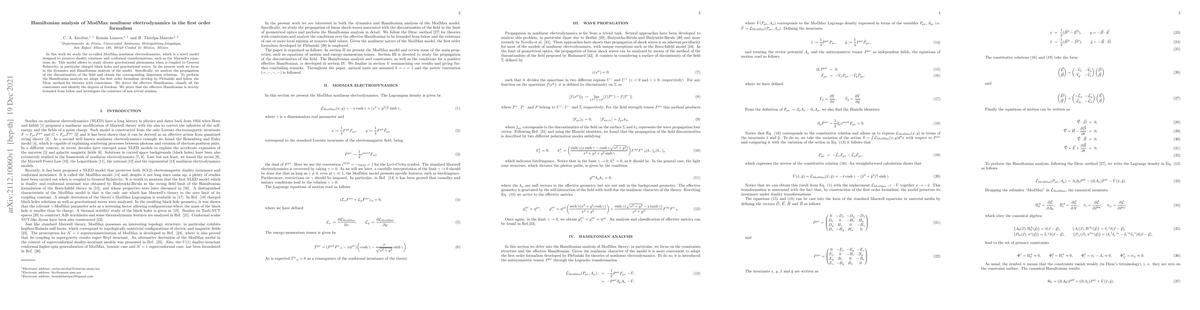 Thumbnail for Hamiltonian analysis of ModMax nonlinear electrodynamics in the first
  order formalism