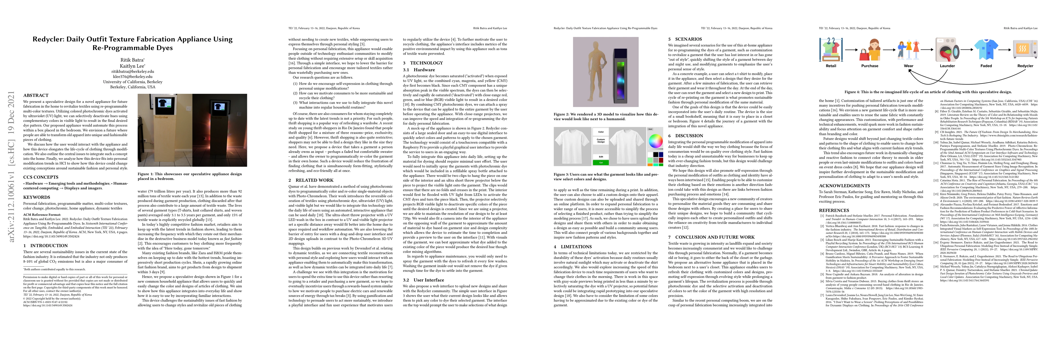 Thumbnail for Redycler: Daily Outfit Texture Fabrication Appliance Using
  Re-Programmable Dyes
