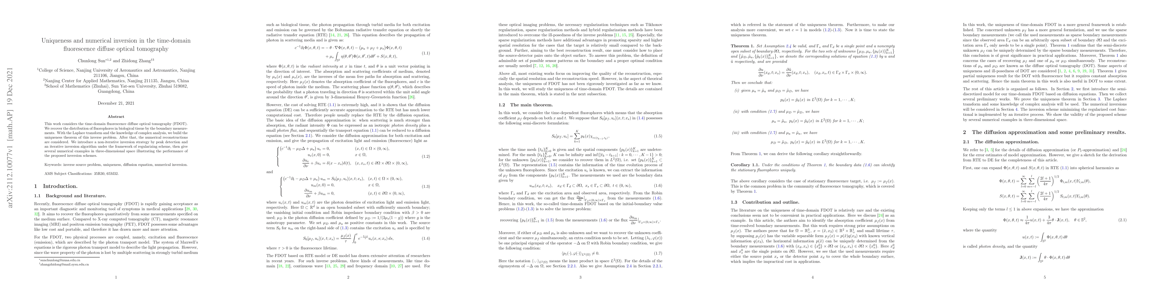 Thumbnail for Uniqueness and numerical inversion in the time-domain fluorescence
  diffuse optical tomography