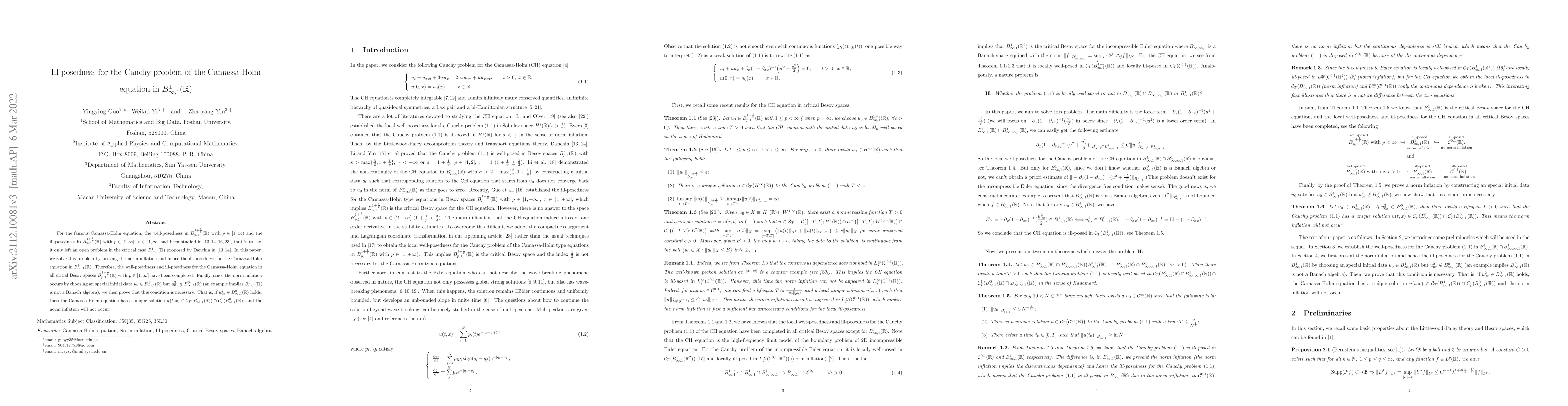 Thumbnail for Ill-posedness for the Cauchy problem of the Camassa-Holm equation in
  $B^{1}_{\infty,1}(\mathbb{R})$