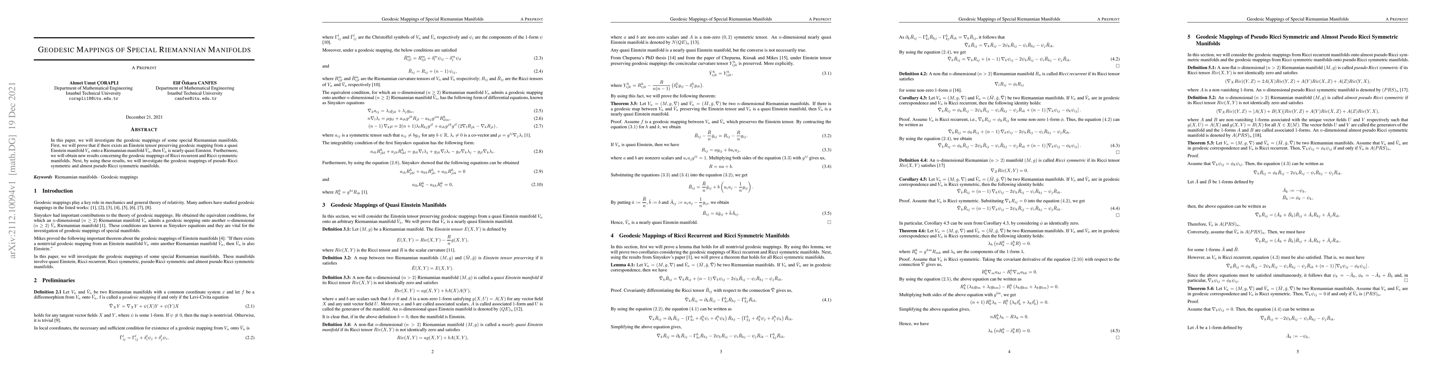 Thumbnail for Geodesic Mappings of Special Riemannian Manifolds