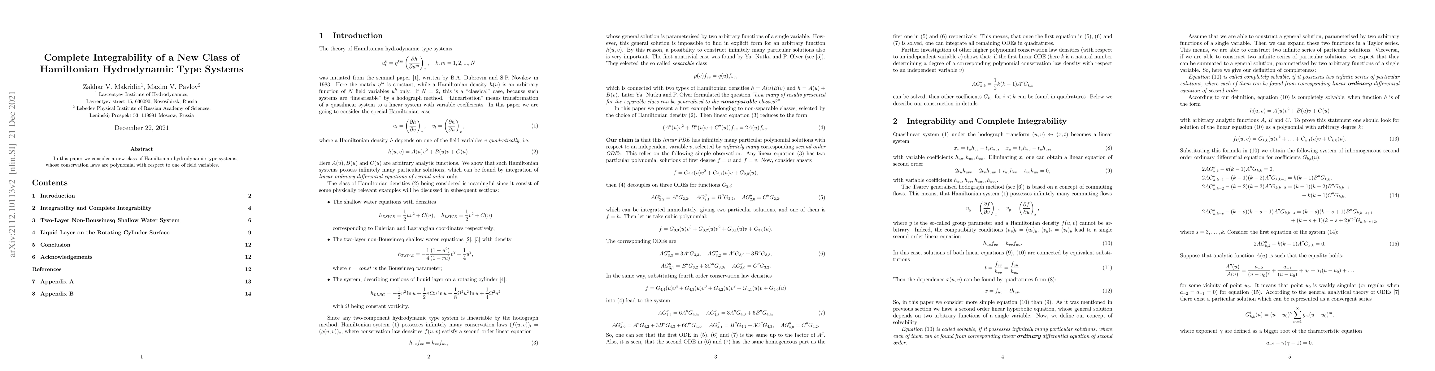 Thumbnail for Complete Integrability of a New Class of Hamiltonian Hydrodynamic Type
  Systems