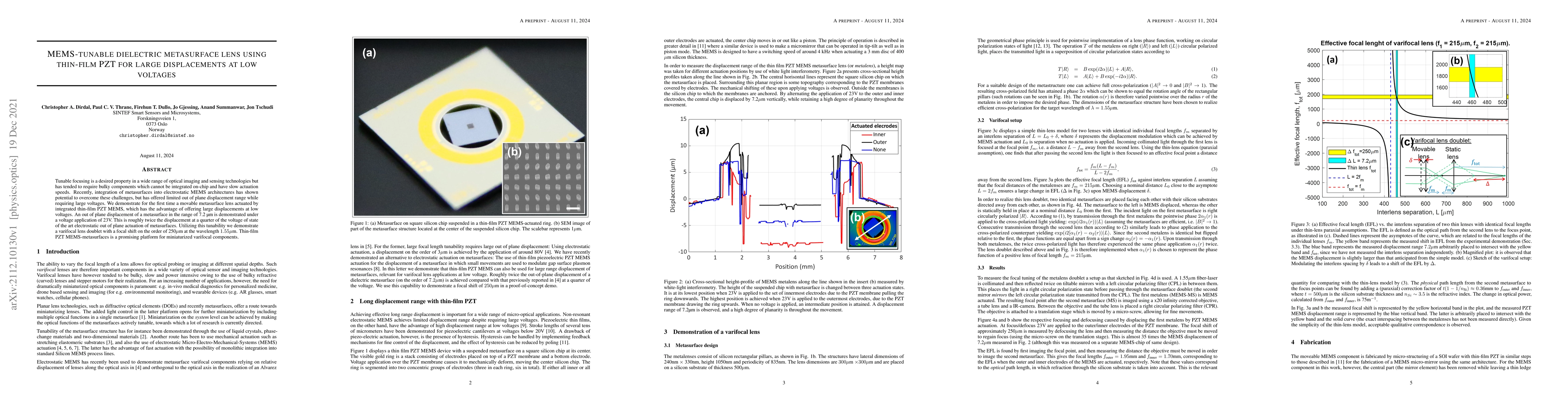 Thumbnail for MEMS-tunable dielectric metasurface lens using thin-film PZT for large
  displacements at low voltages