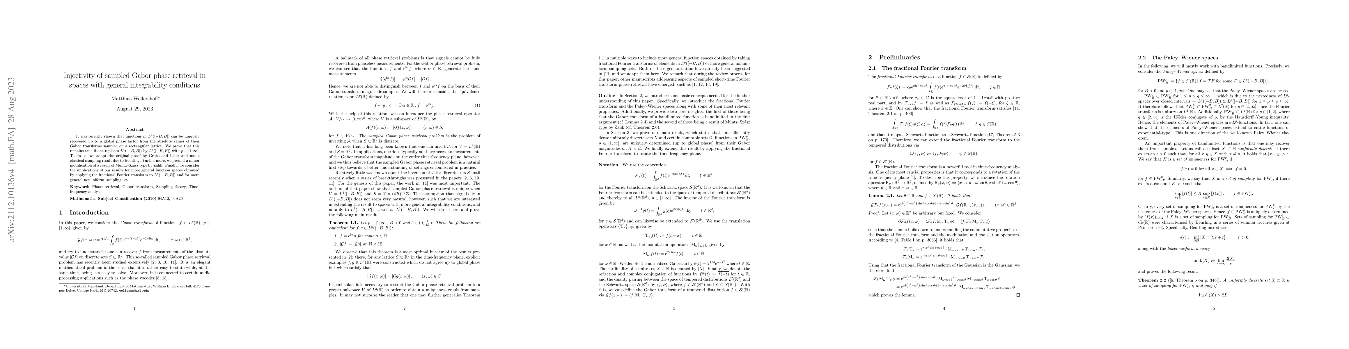 Thumbnail for Injectivity of sampled Gabor phase retrieval in spaces with general
  integrability conditions