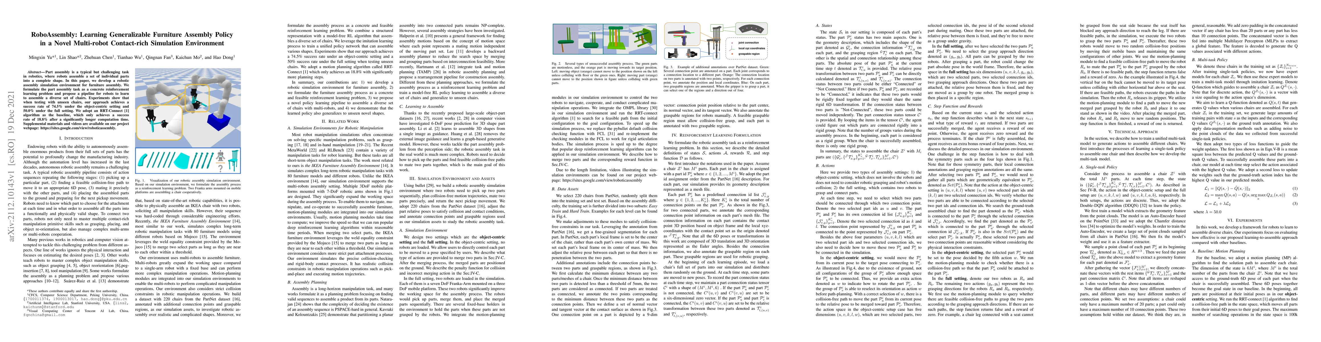 Thumbnail for RoboAssembly: Learning Generalizable Furniture Assembly Policy in a
  Novel Multi-robot Contact-rich Simulation Environment