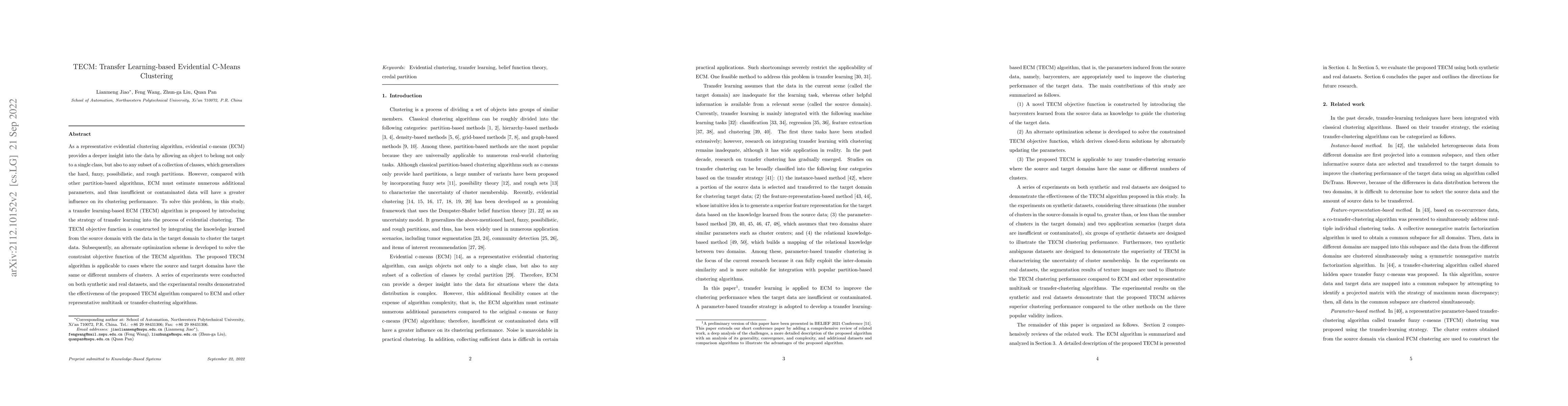 Thumbnail for TECM: Transfer Learning-based Evidential C-Means Clustering